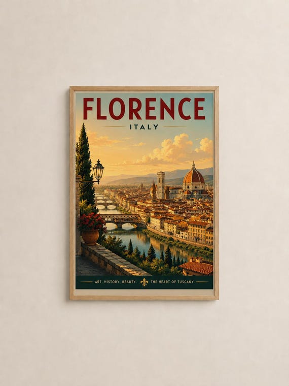 Florence Italy Vintage Travel Poster, Tuscan Cityscape