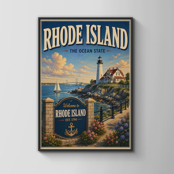 Rhode Island Vintage Travel Poster, Ocean State Lighthouse