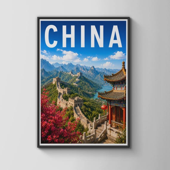 China Travel Poster Great Wall Art Print Chinese Pagoda Vibrant Asia Decor