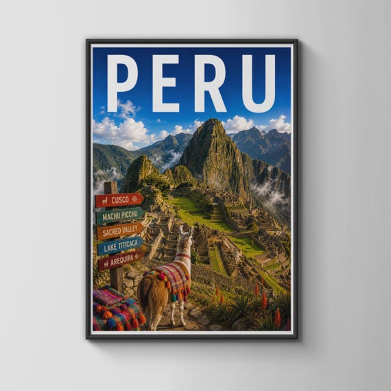 Peru Travel Poster Machu Picchu Wall Art Llama Inca Ruins Print South America Decor