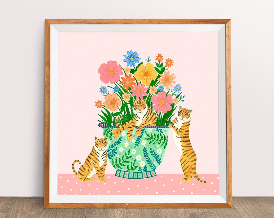 Tiger Floral Art Print, Girls Room Decor
