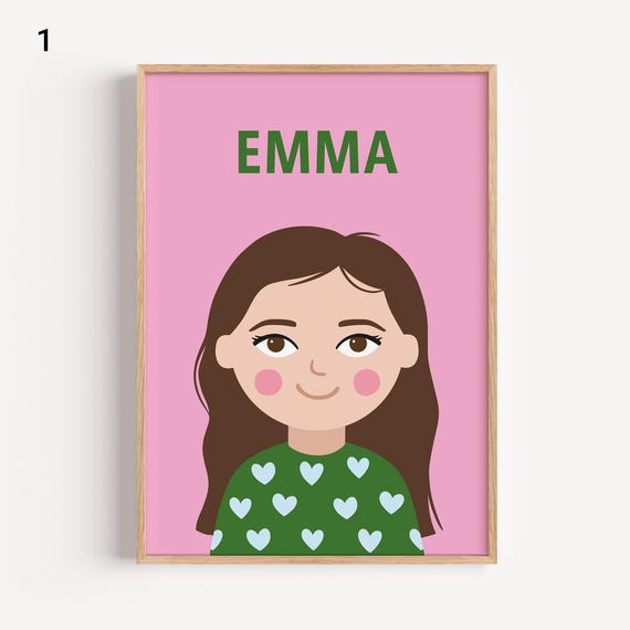 Personalized Portrait Girl Brown Hair Illustration Wall Art Poster For Kids Nursery Playroom Birthday Gift