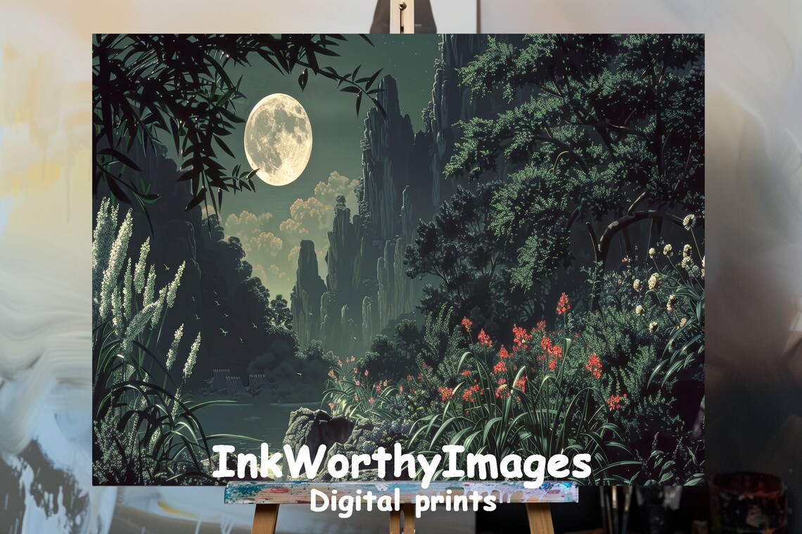 Moonlit Mountain Garden Painting, Mystical Night Landscape