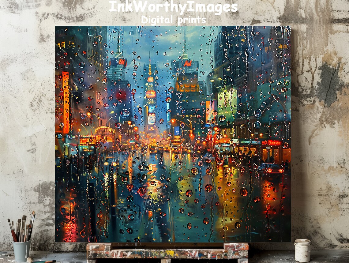 Rainy City Night Lights, Urban Streetscape Wall Art