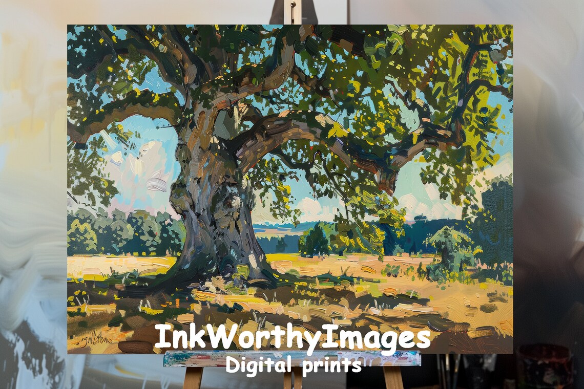Grand Oak Tree in Sunlit Field, Nature Landscape