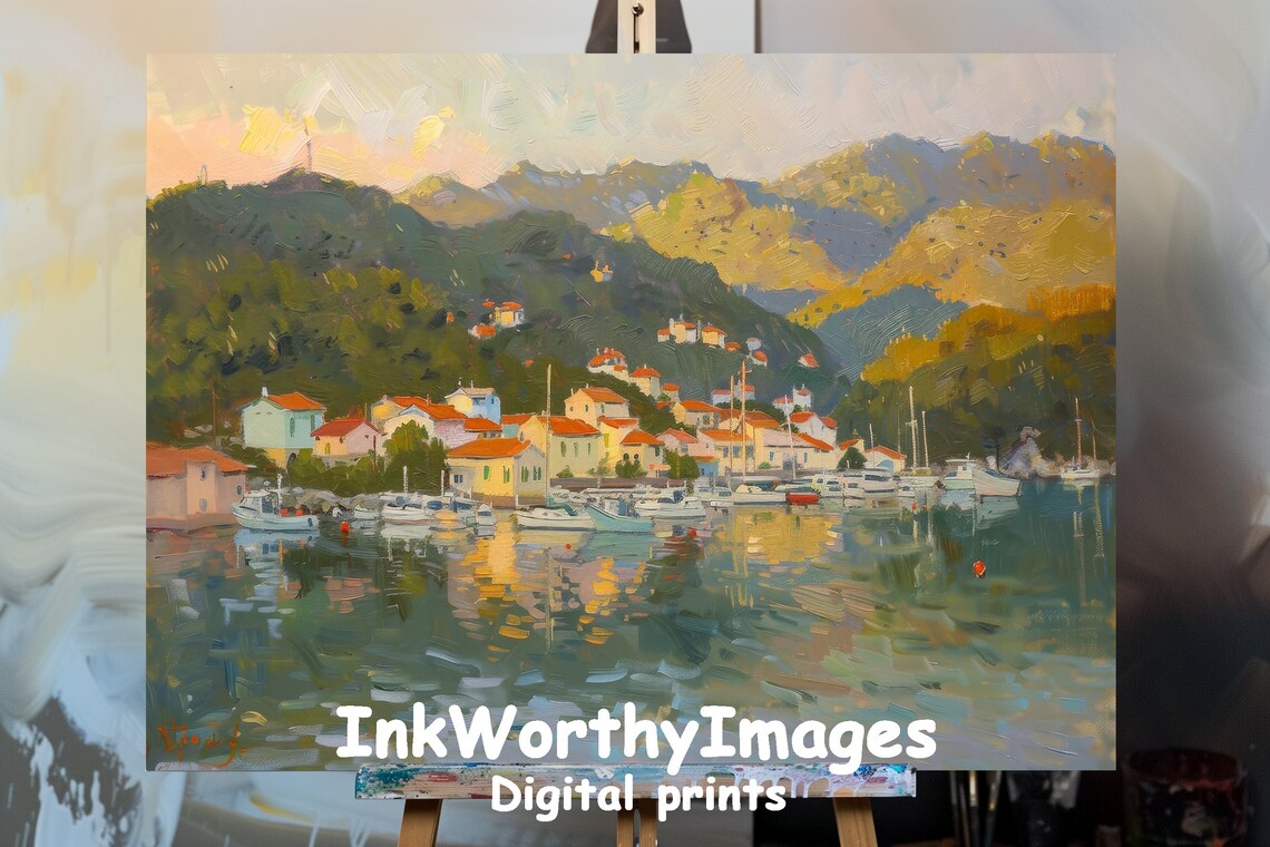 Mediterranean Harbor Village, Impressionist Landscape Art