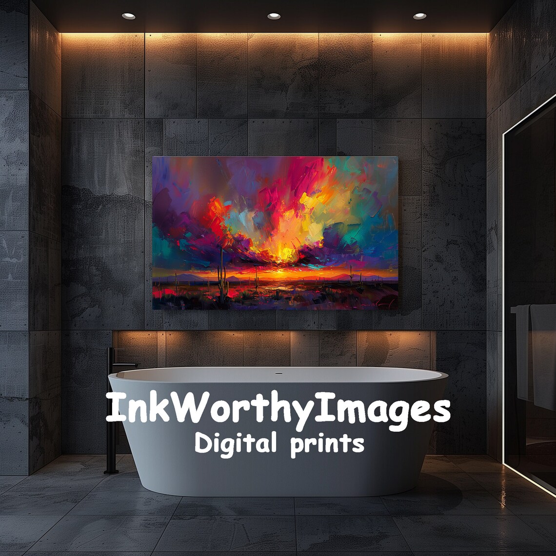 Desert Sunset Abstract Cactus Painting, Nature Art - Image 5