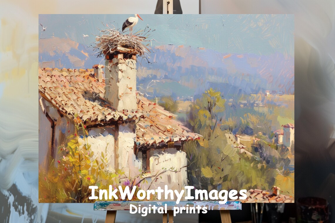 Charming Stork Nest Painting, Rustic Mediterranean Scene