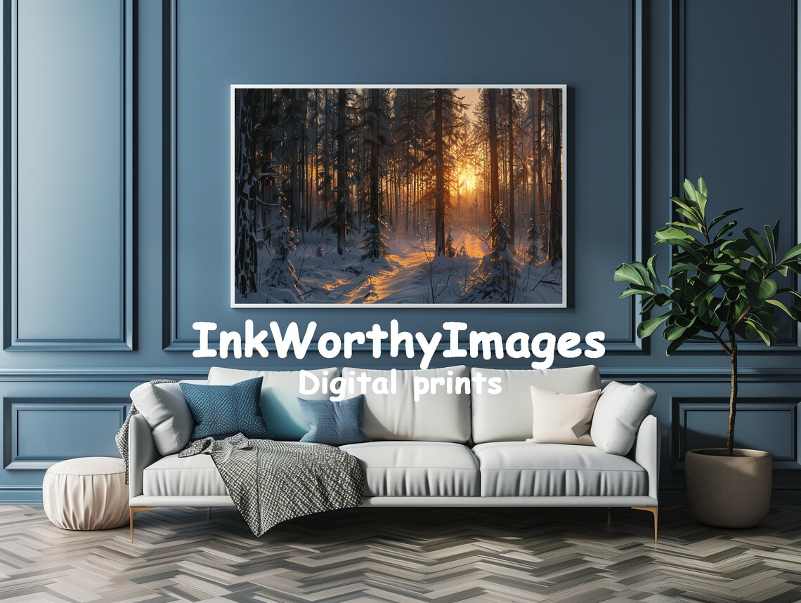 Golden Sunset Winter Forest, Serene Snowy Landscape Art Print - Image 4