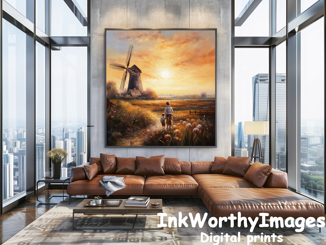 Windmill Sunset Painting, Rustic Landscape - Image 2