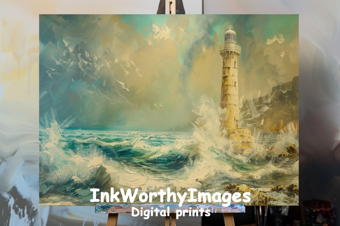 Abstract Coastal Lighthouse, Stormy Sea Seascape