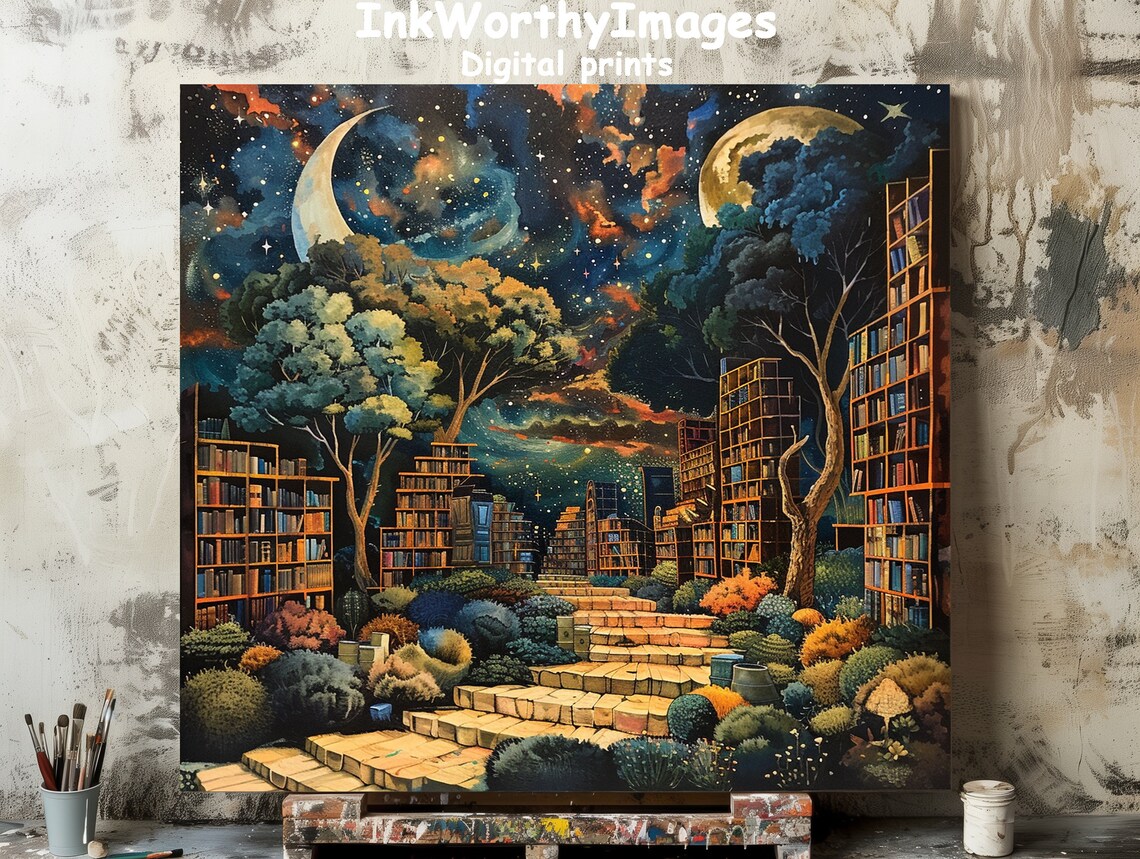 Magical Library Under The Stars, Fantasy Night Scene
