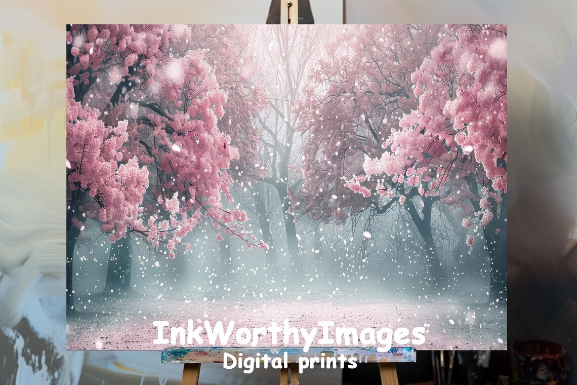 Cherry Blossom Forest In Mist, Spring Landscape Art