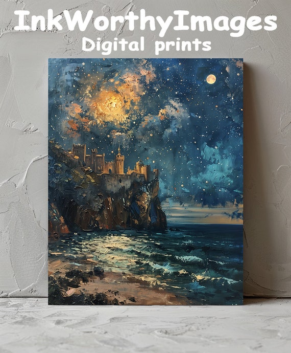 Castle By Moonlit Sea, Night Sky Scene