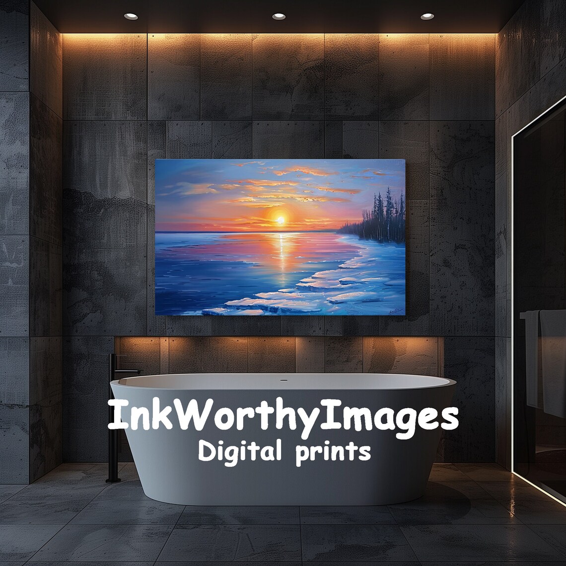 Vibrant Sunset Winter Landscape, Frozen Lake Art - Image 5