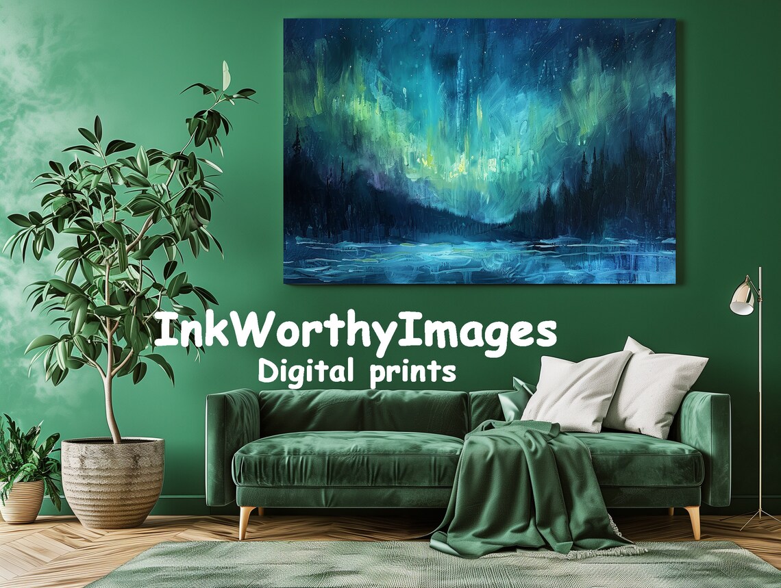 Northern Lights Aurora Borealis Painting, Abstract Night Sky - Image 2