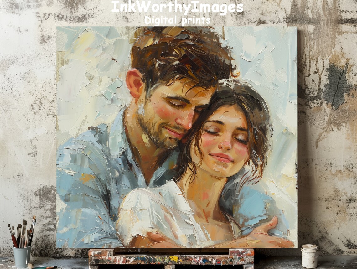 Romantic Couple Embrace, Intimate Portrait Art