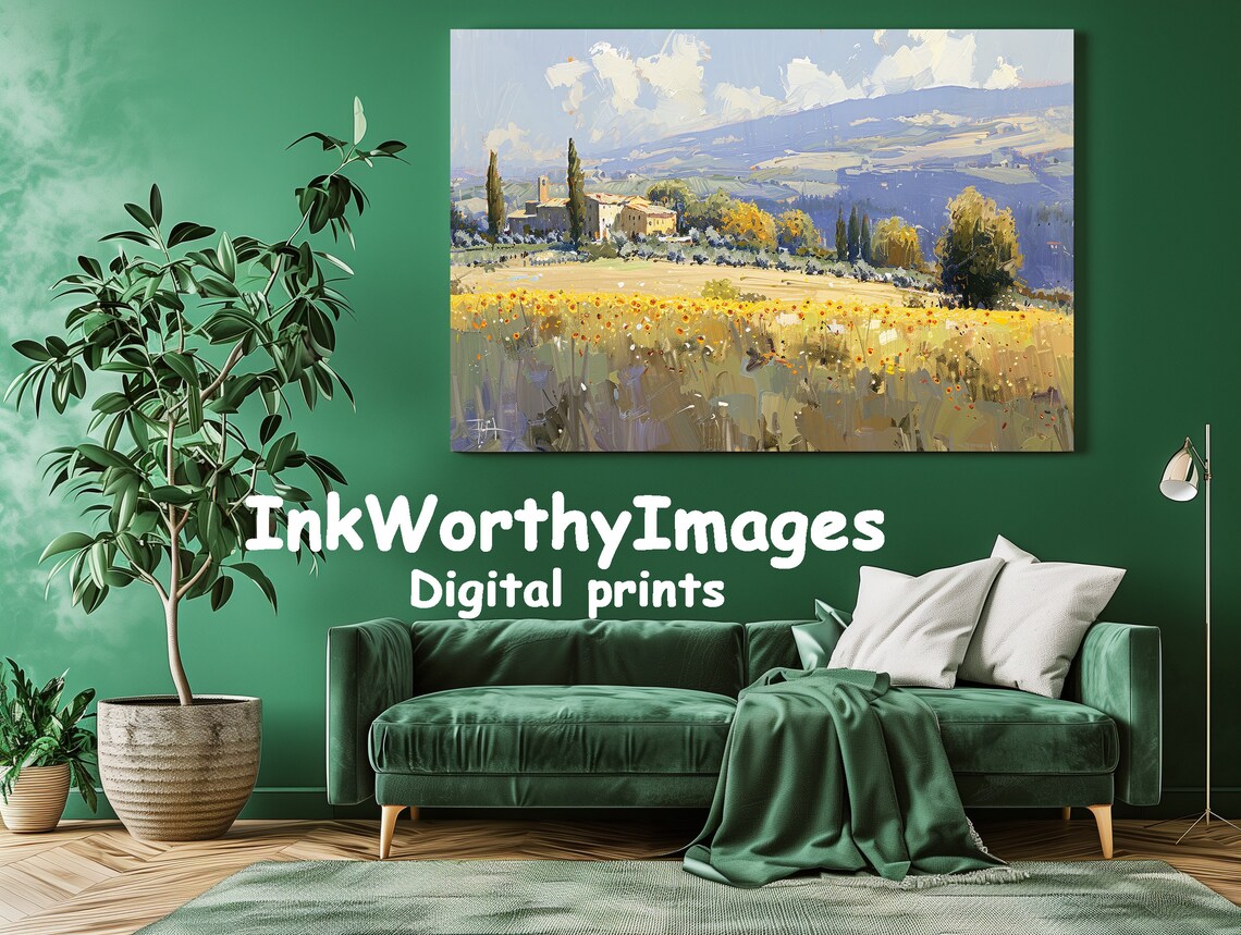 Tuscan Sunflower Fields, Countryside Landscape Painting - Image 2