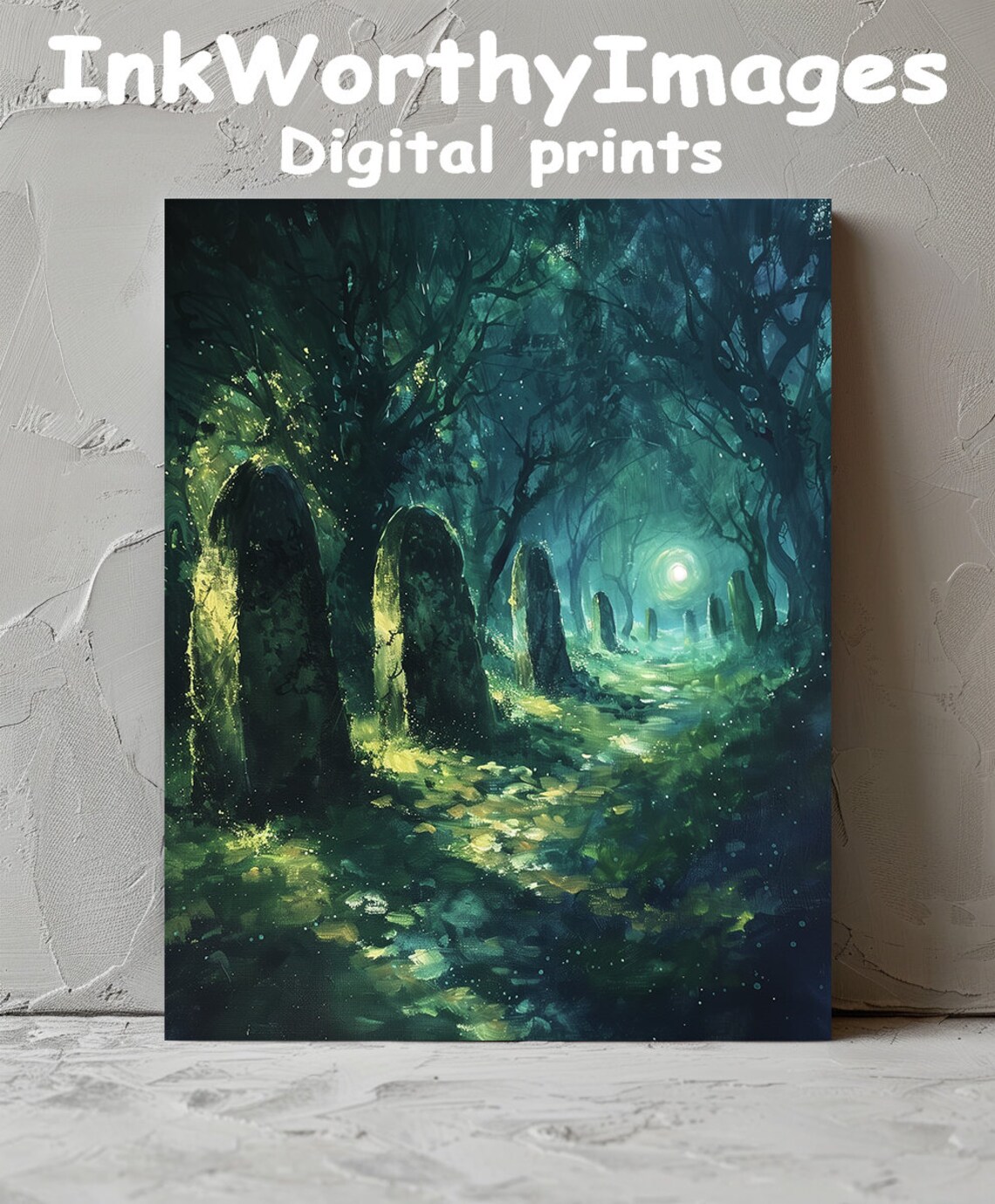 Enchanted Forest Path, Moonlit Night Fantasy Art