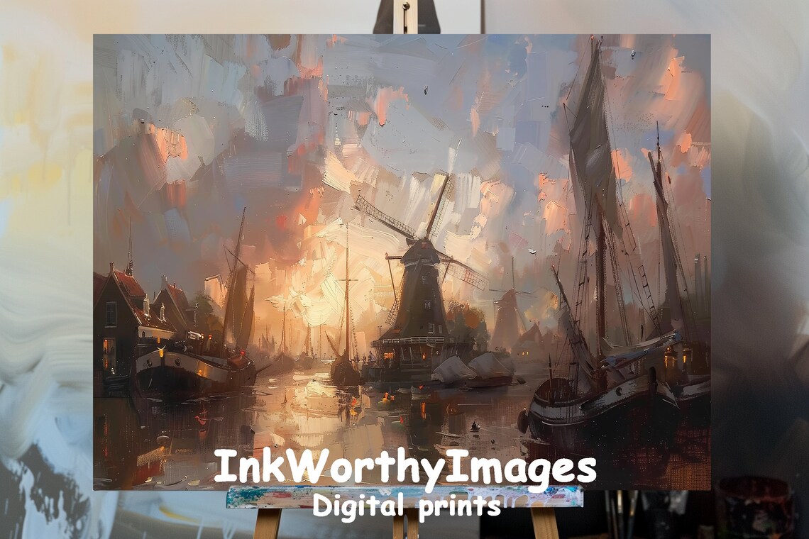 Sunset Harbor With Windmills, Dutch Seaside Landscape