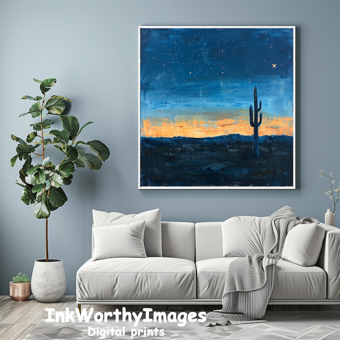 Starry Night Desert Cactus Art Print, Sunset Landscape - Image 3