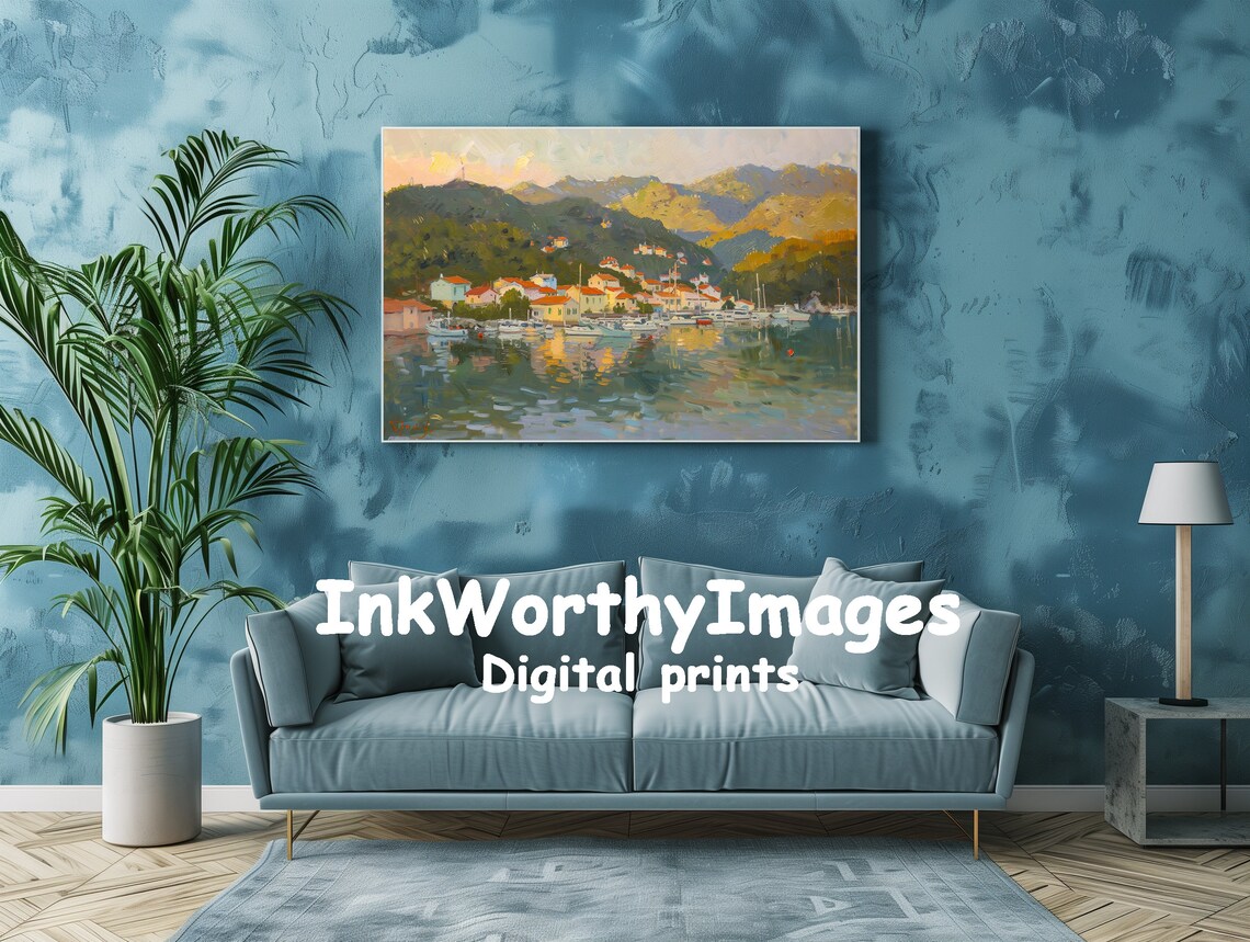 Mediterranean Harbor Village, Impressionist Landscape Art - Image 2