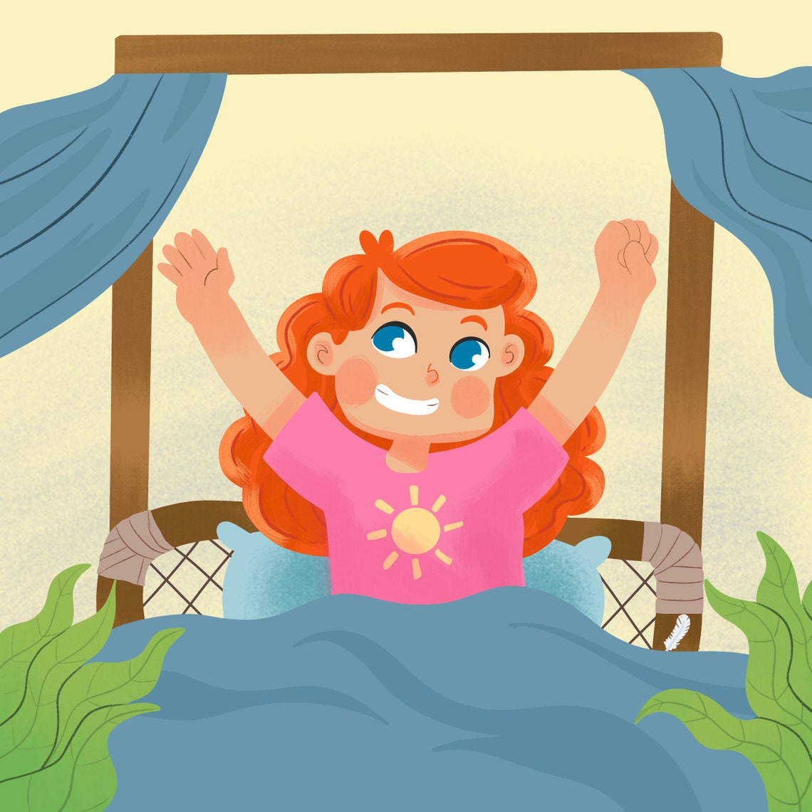 Cheerful Red Haired Girl Waking Up Stretching Kids Art Poster