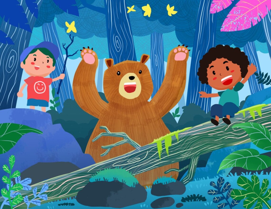 Two Happy Kids Meeting a Friendly Bear in the Blue Forest Poster