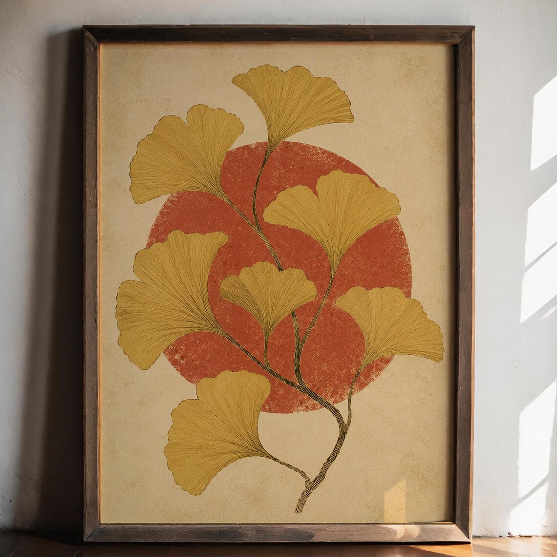 Golden Ginkgo Leaves Against Red Rising Sun Japanese Botanical Poster