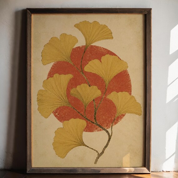 Golden Ginkgo Leaves Against Red Rising Sun Japanese Botanical Poster