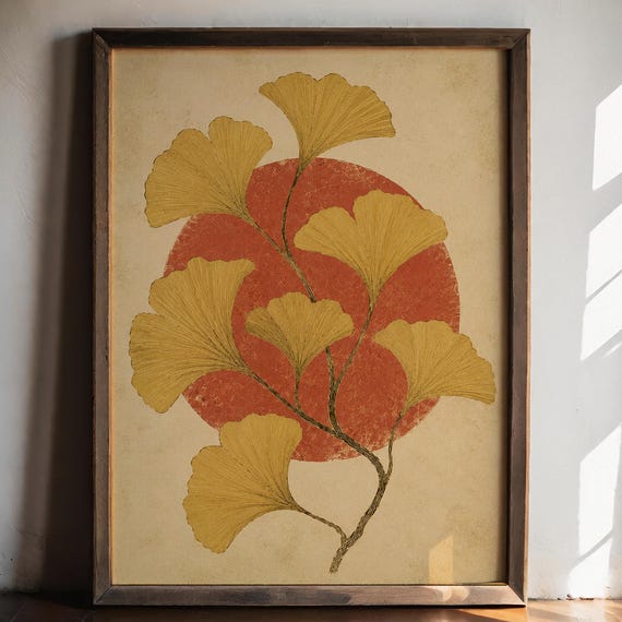 Golden Ginkgo Leaves Print Crimson Sun Vintage Botanical Wall Art