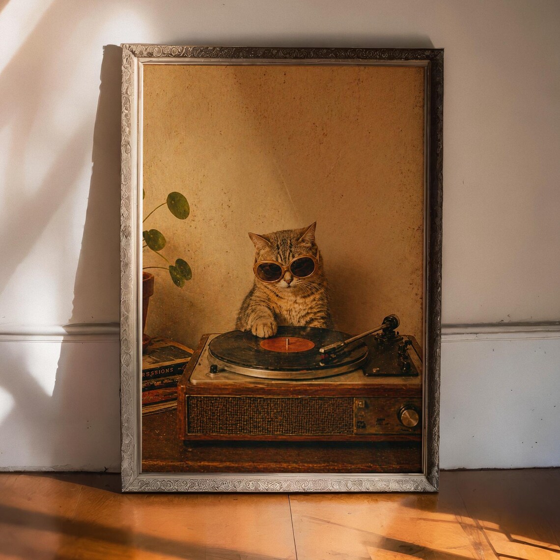 DJ Cat Vinyl Poster, Retro Turntable Art Print
