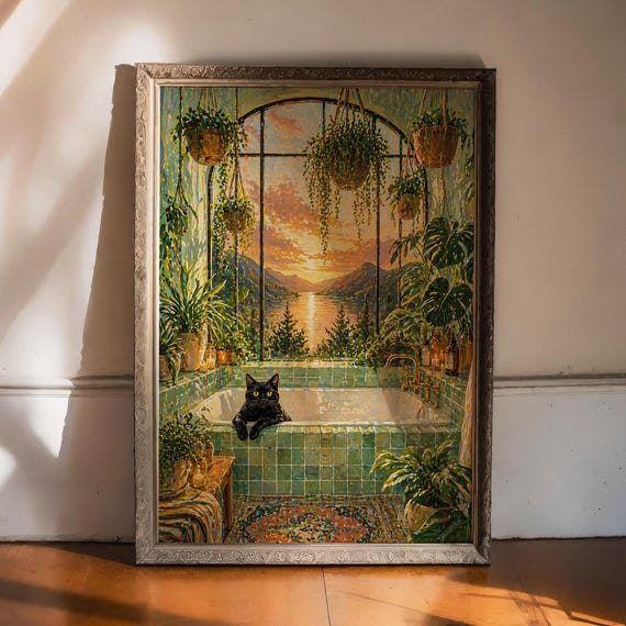 Black Cat Bath Art Print Botanical Jungle Decor Retro Tile Sunset View Poster