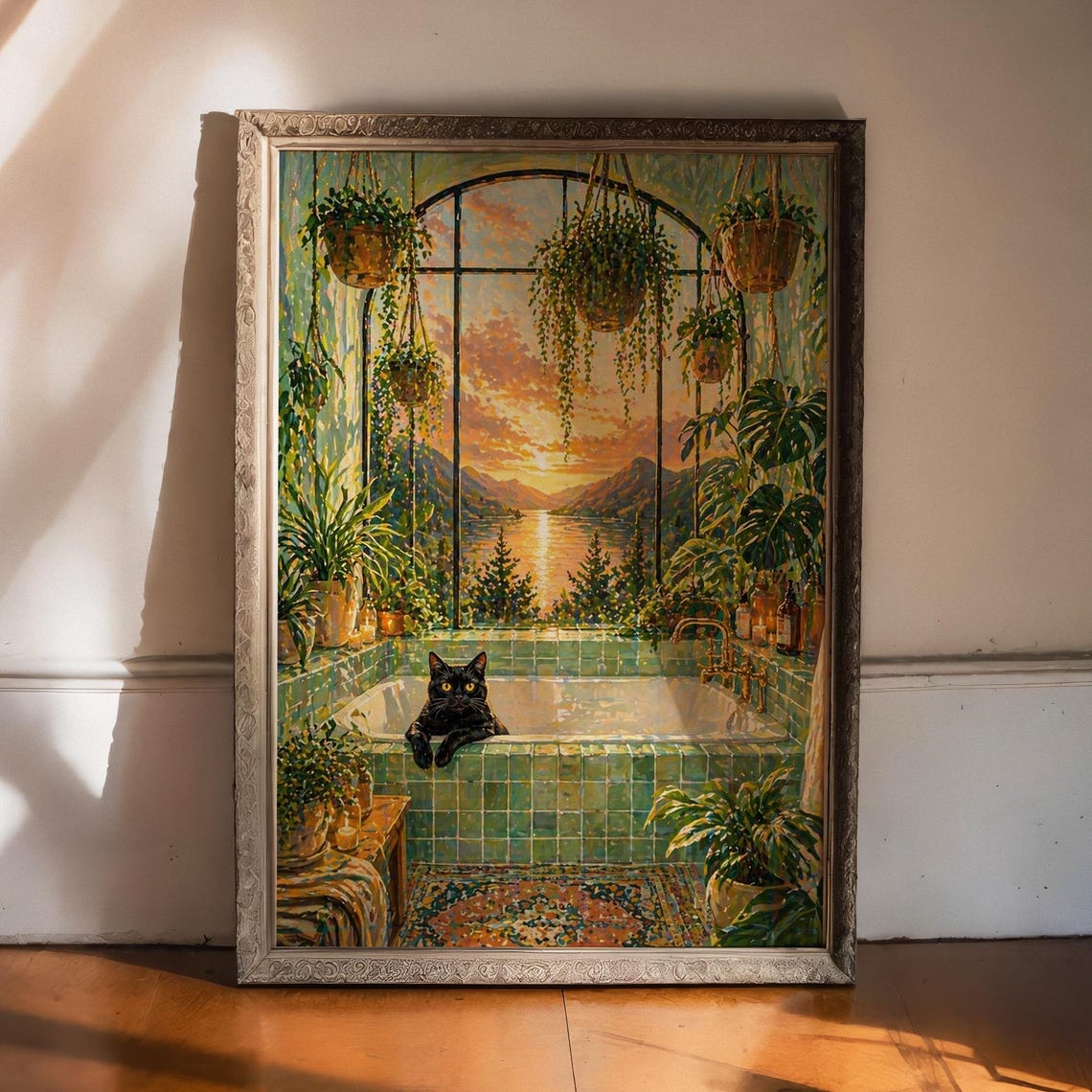 Black Cat Botanical Bath Jungle Sunset Lake Window Scene Poster