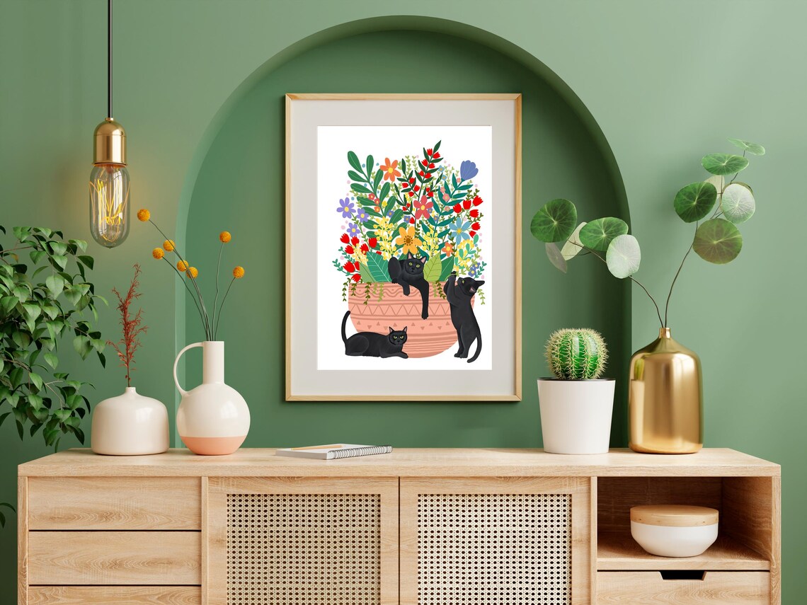 Black Cat Painting, Floral Cat Illustration - Image 3