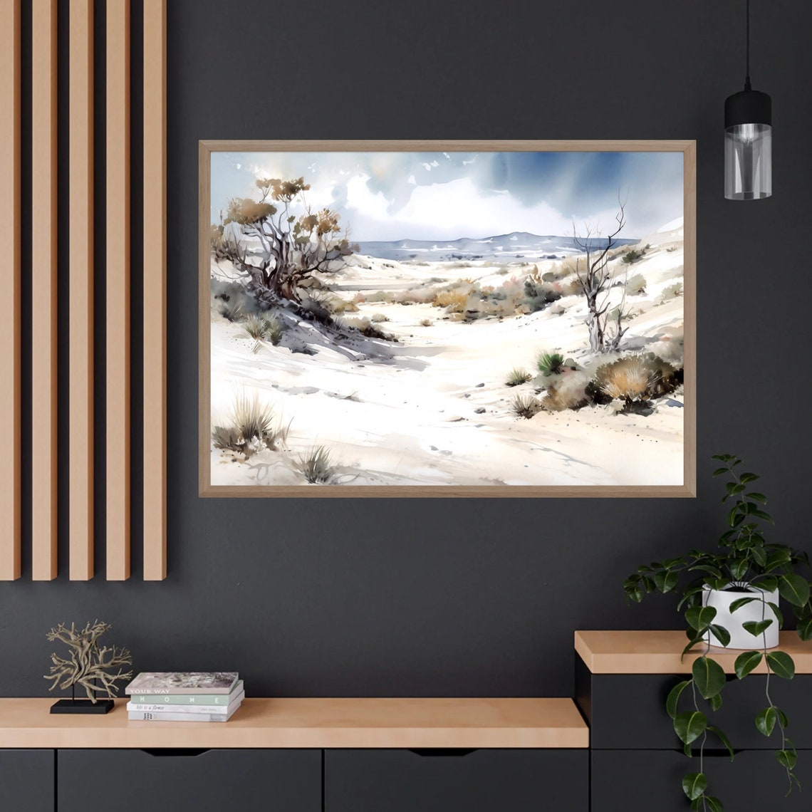 White Sand Dunes Watercolor with Desert Trees and Shrubs Poster - Image 4