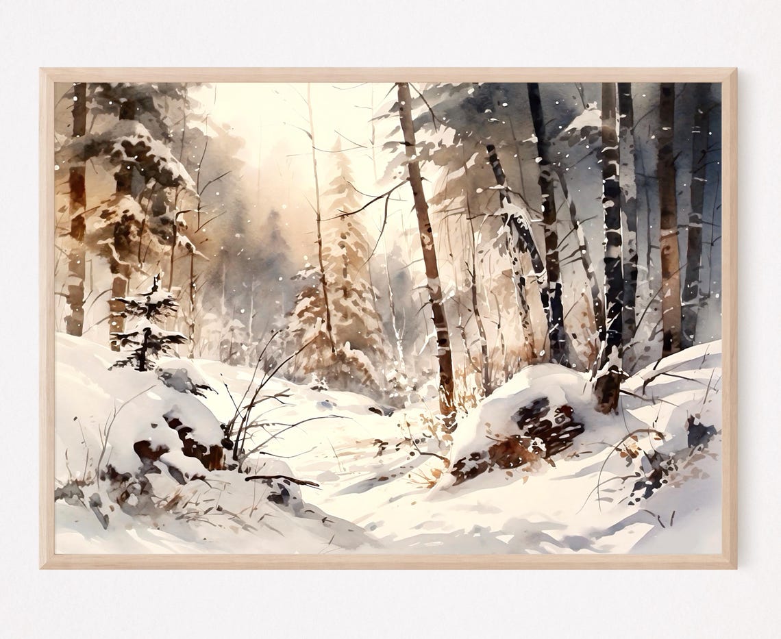 Sunlit Snowy Birch Pine Forest Winter Glow Watercolor Woodland Poster