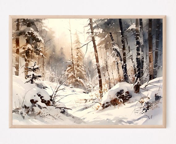 Winter Forest Watercolor Painting Art Print Snowy Forest Wall Art Home Decor Gift
