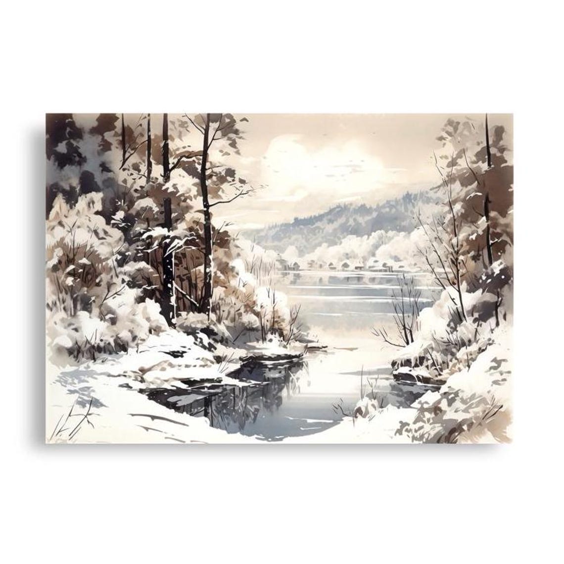 Winter Forest Lake Mountain Landscape Watercolor Art Print - Image 5