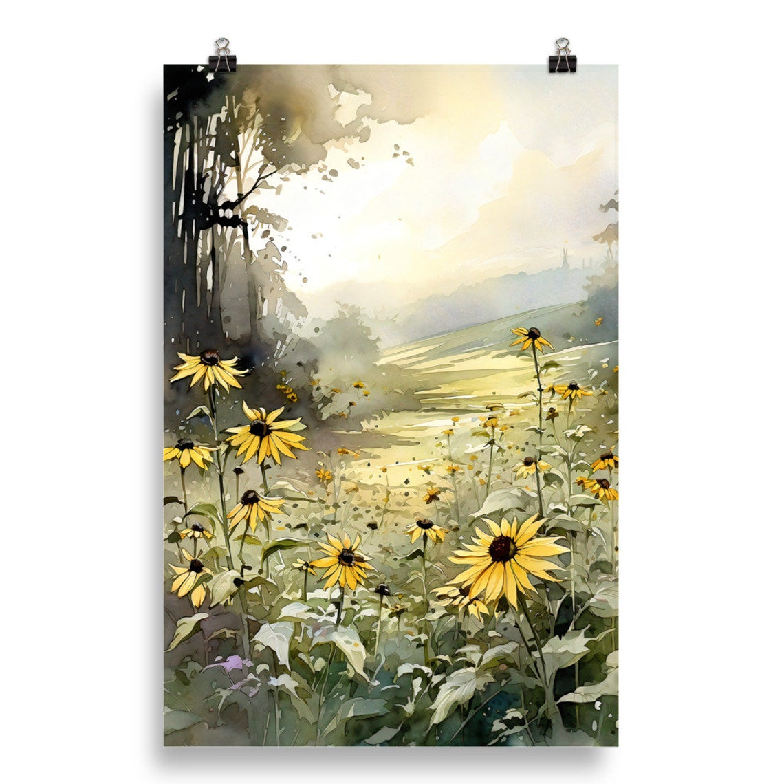 Yellow Wildflower Meadow Morning Mist Watercolor Field Art Poster - Image 5