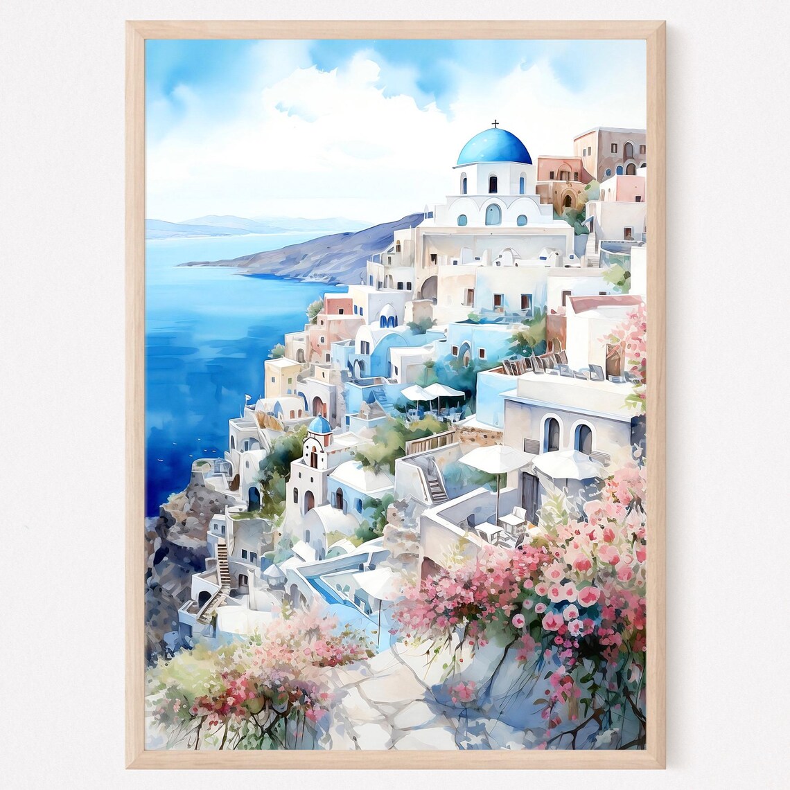Santorini Watercolor Travel Poster, Greece Wall Art