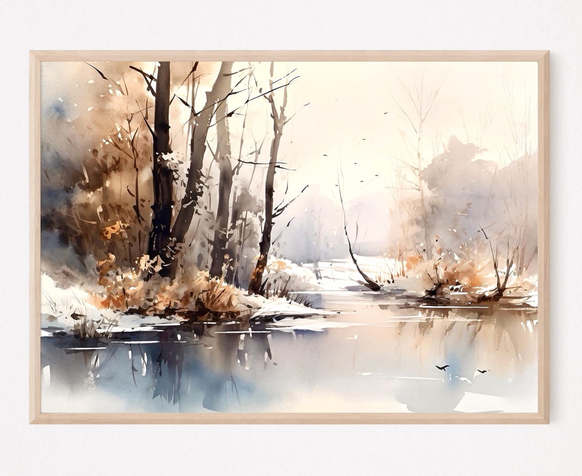 Tranquil Winter Lake Bare Trees Soft Reflection Watercolor Calm Poster