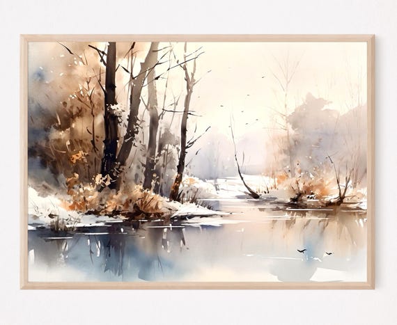Winter Forest Lake Mountain Landscape Watercolor Art Print Home Decor Gift