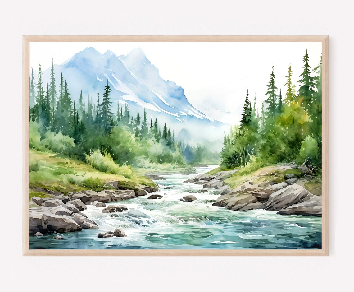 Mountain River Watercolor Landscape, Minimalist Wall Art - Image 2