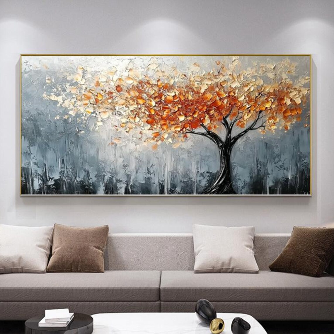 Autumn Tree Of Life Orange Leaves On Grey Forest Painting Poster