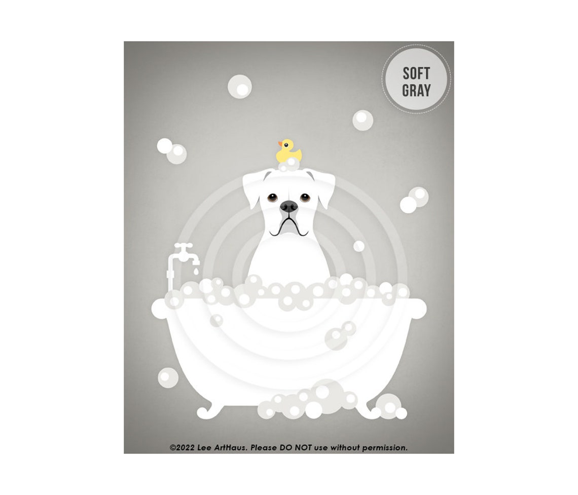 White Boxer Dog Bubble Bath Rubber Ducky Pink Bathroom Dog Poster - Image 3