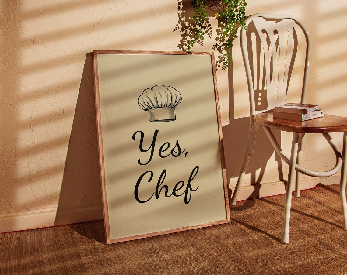 Yes Chef Script Chef Hat Cream Kitchen Quote Art Wall Poster - Image 3