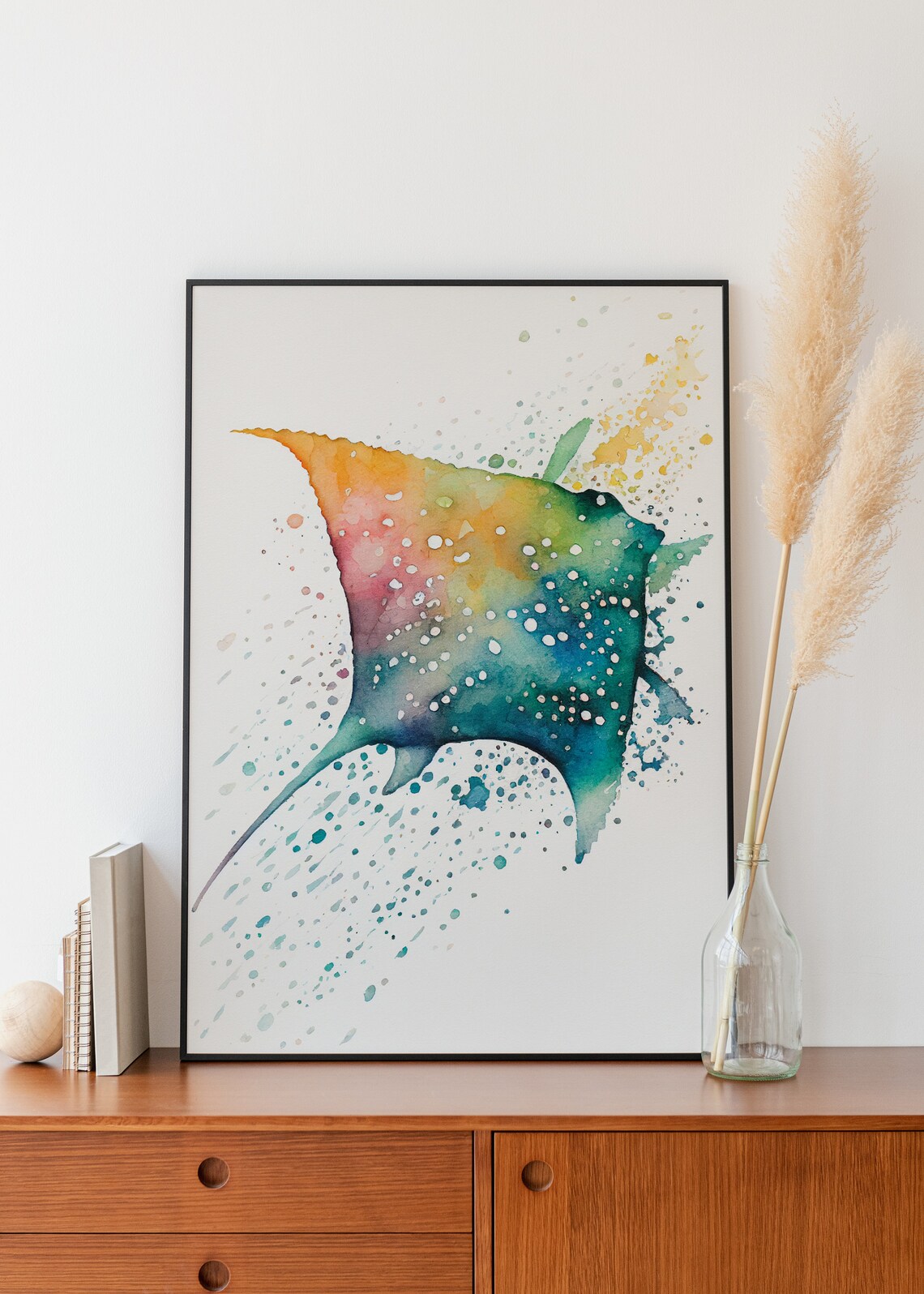 Colorful Stingray Ocean Splash Watercolor Marine Life Wall Art