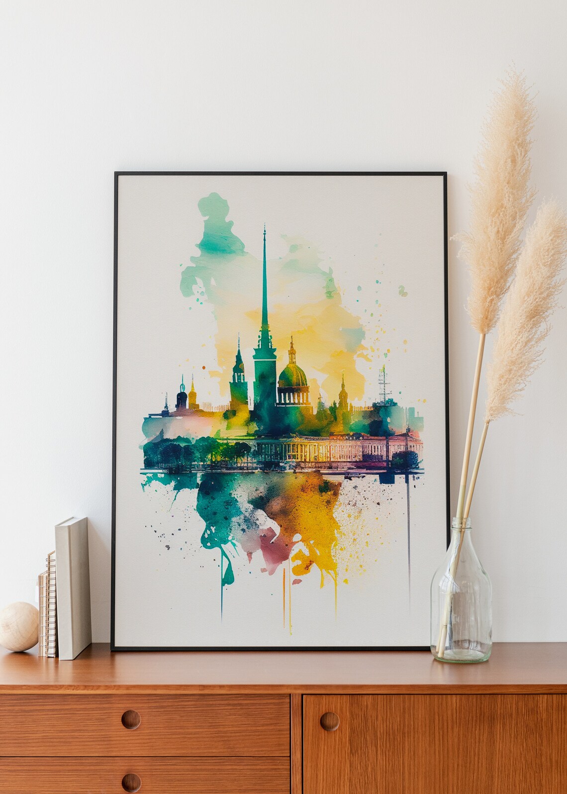 European Old Town Skyline Watercolor Painting Travel Art Poster