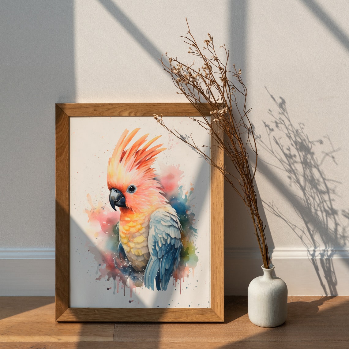 Moluccan Cockatoo with Salmon Crest Watercolor Bird Portrait Poster - Image 2
